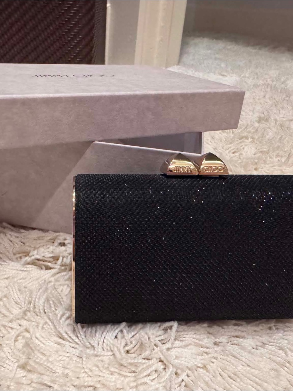 Jimmy Choo Black Glitter Clutch with Gold-Tone Hardware